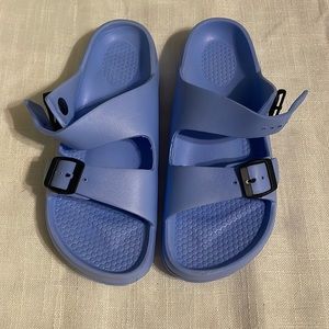 FUNKYMONKEY Women's Blue Comfort Slides Double Buckle Flat Sandals. Size:11-11.5